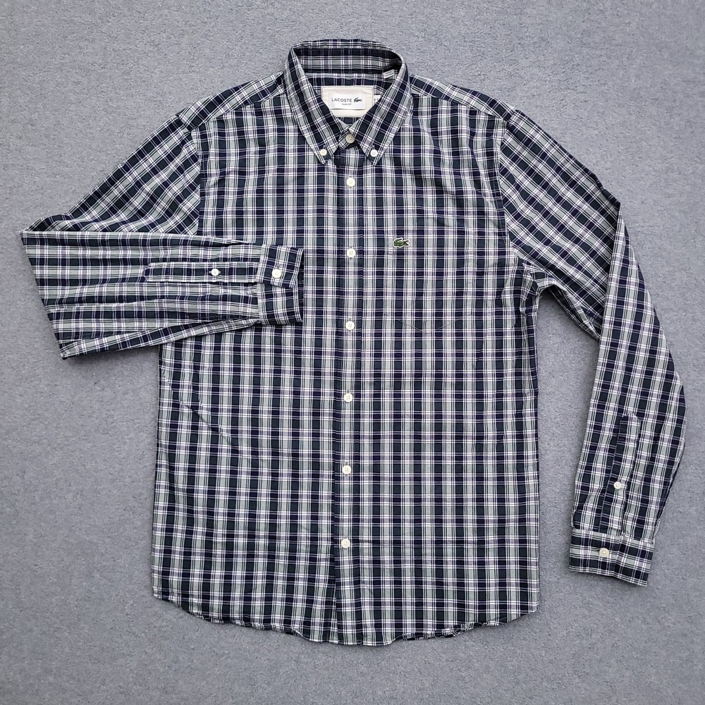 Lacoste Mens M 40 Slim Fit Green Blue Plaid Oxford Button Down Croc Logo - Picture 4 of 11